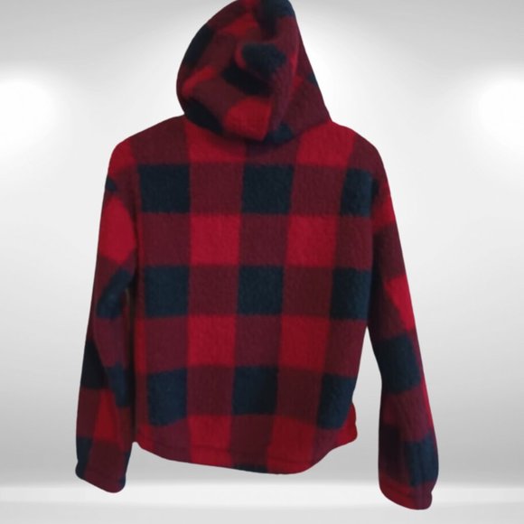 SO Girls Red & Black Cropped Sherpa Quarter Zip Plaid Hooded Pullover - Picture 5 of 5